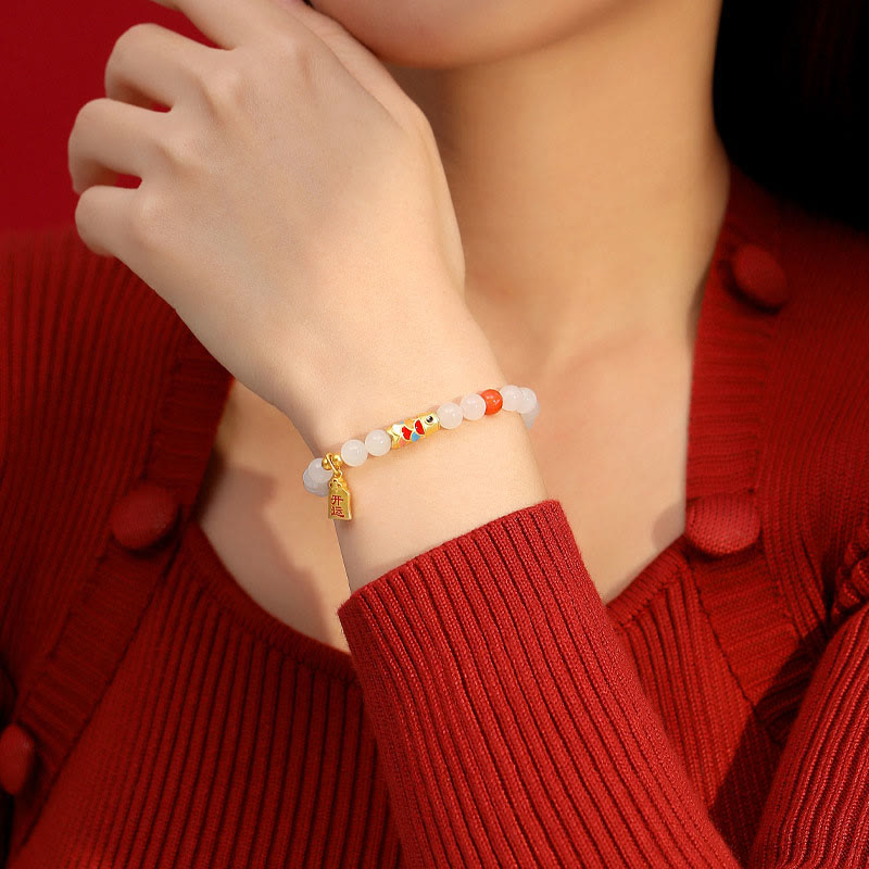 EverestArtstudios 925 Sterling Silver Hetian White Jade Red Agate Koi Fish Luck Happiness Bracelet