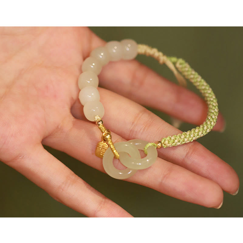 EverestArtstudios Natural Hetian Jade Bead Double Peace Buckle Fu Character Abundance Braided Bracelet
