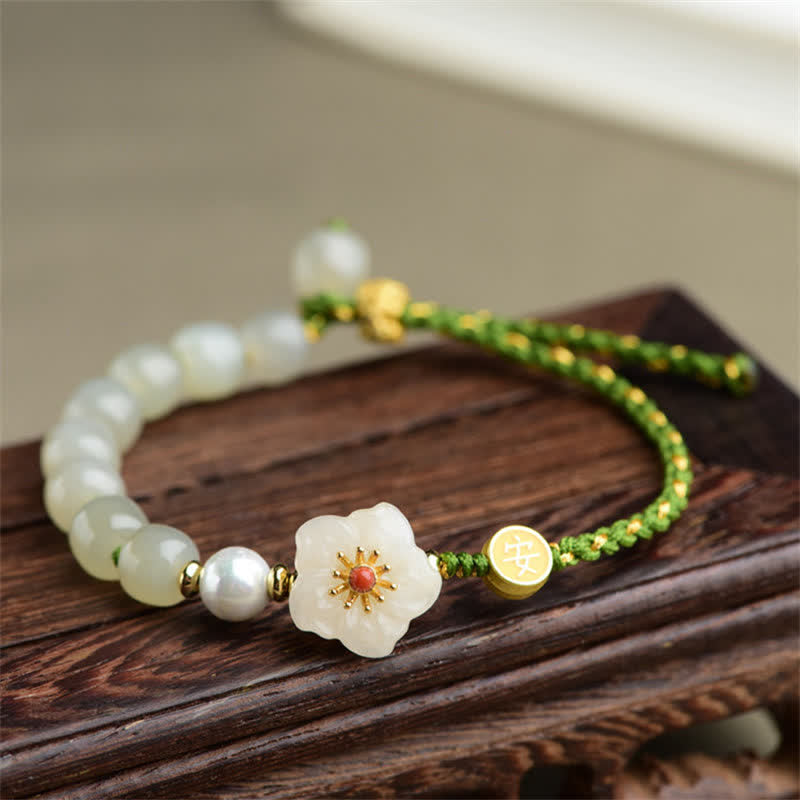 EverestArtstudios 925 Sterling Silver Natural Hetian Jade Peach Blossom Luck Bracelet
