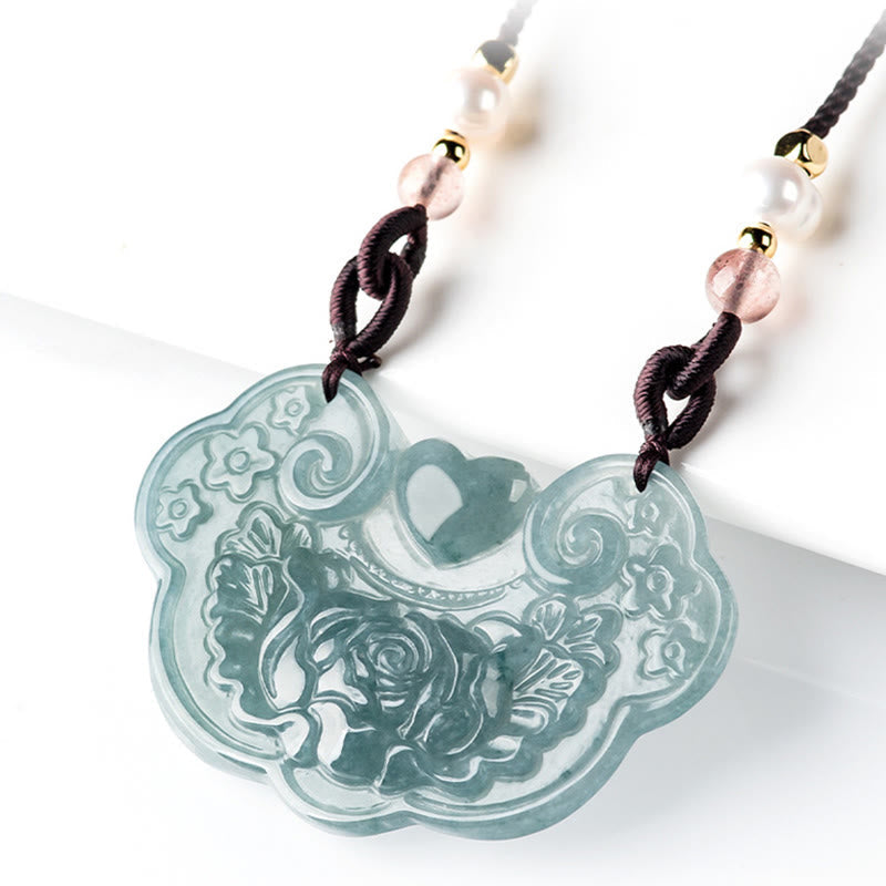 EverestArtstudios 天然翡翠牡丹花如意吊坠 祈福招财项链