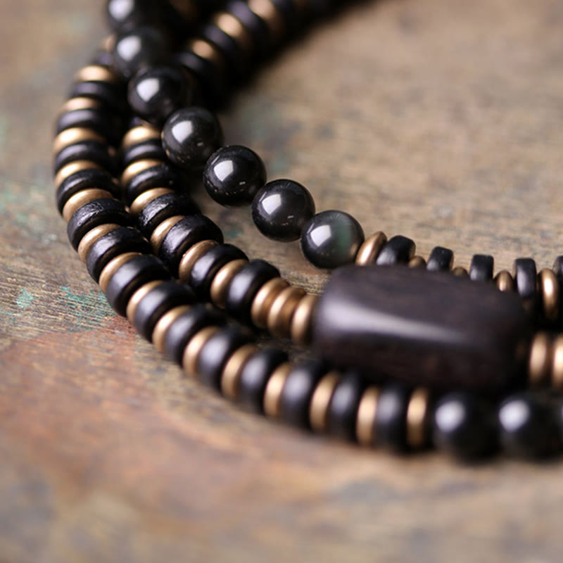 EverestArtstudios Rainbow Obsidian Ebony Wood Copper Healing Triple Wrap Bracelet