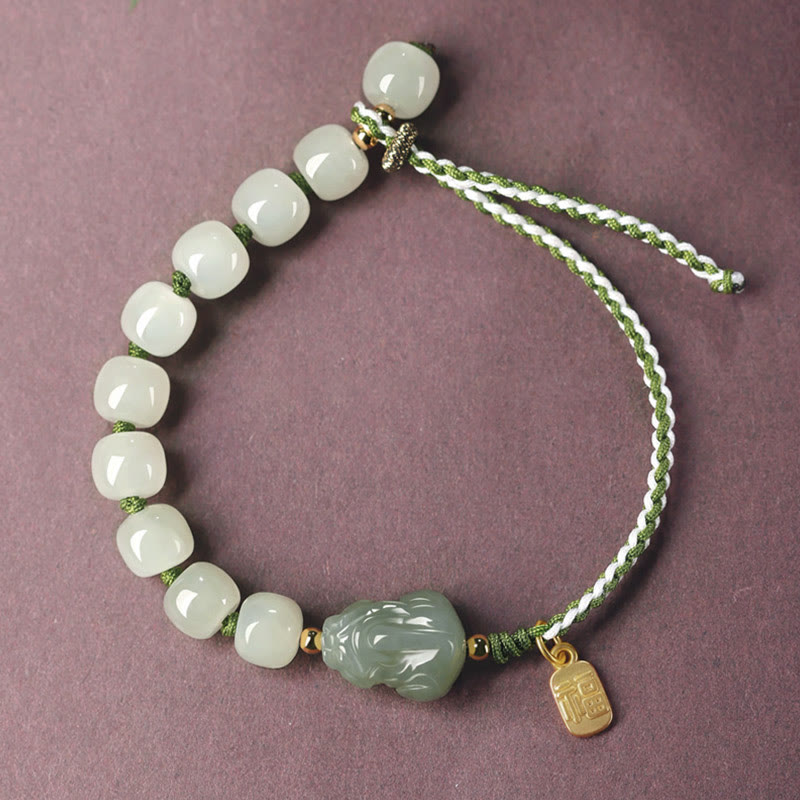 EverestArtstudios Natural Hetian Jade PiXiu Luck Fu Character String Bracelet
