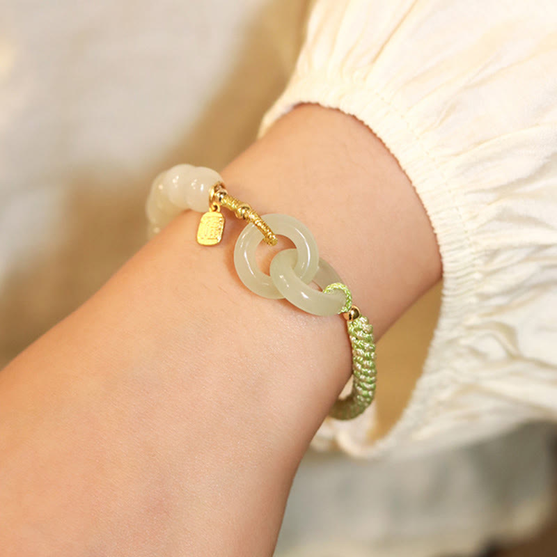 EverestArtstudios Natural Hetian Jade Bead Double Peace Buckle Fu Character Abundance Braided Bracelet
