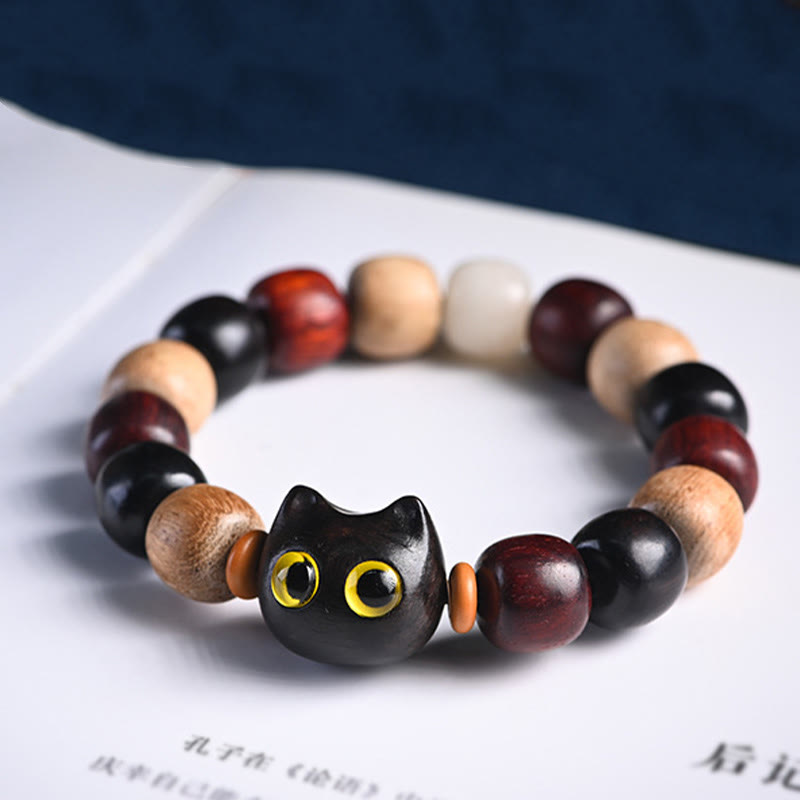EverestArtStudios Petite Leaf Red Sandalwood Ebony Wood Adorable Feline Carved Safeguard Wristband
