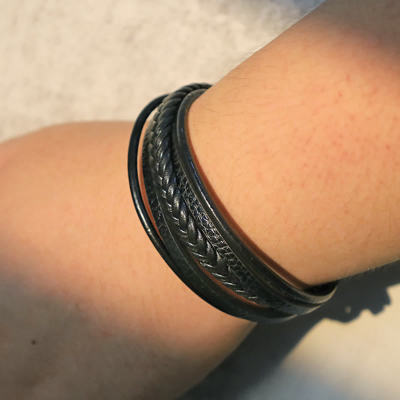 EverestArtStudios Genuine Volcanic Rock Black Agate Stone Wrapped Leather Bracelet