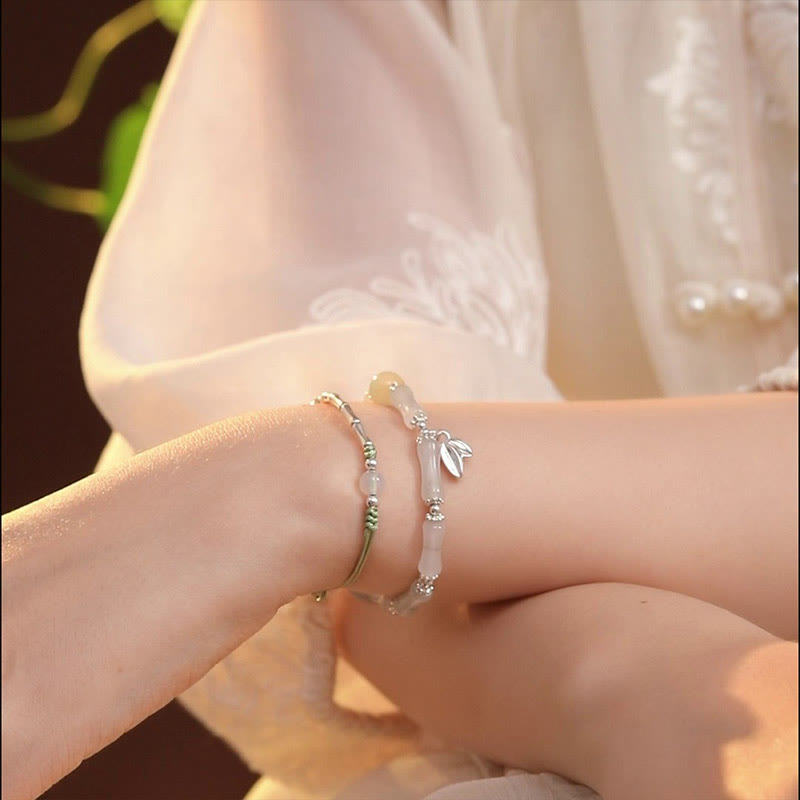 EverestArtstudios 925 Sterling Silver Natural Tianshan Jade Bamboo Charm Luck Bracelet
