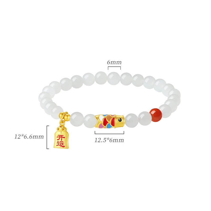 EverestArtstudios 925 Sterling Silver Hetian White Jade Red Agate Koi Fish Luck Happiness Bracelet