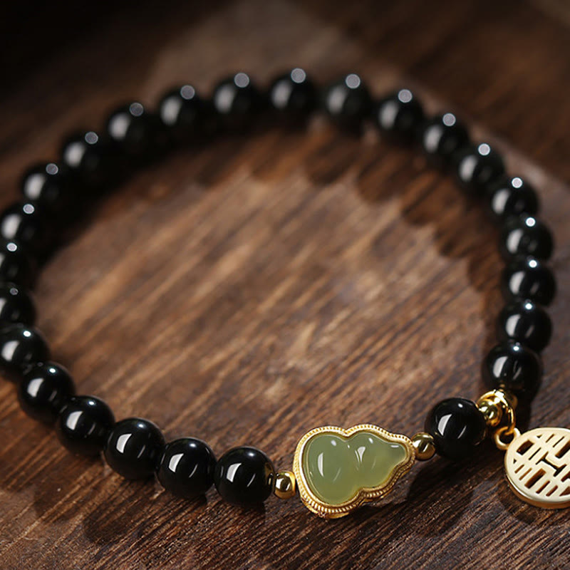 EverestArtstudios Natural Black Obsidian Hetian Jade Gourd Double Happiness Strength Bracelet