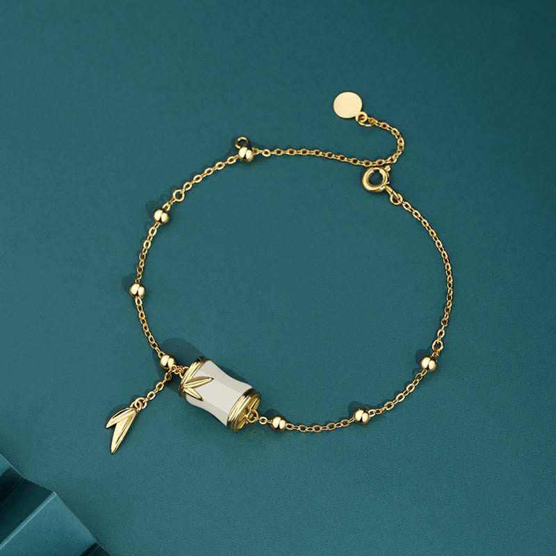EverestArtstudios 925 Sterling Silver 22K Gold Hetian White Jade Bamboo Leaf Luck Necklace Pendant Bracelet