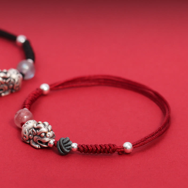 EverestArtstudios 999 Sterling Silver PiXiu Strawberry Quartz Bead Wealth Luck Braided Bracelet