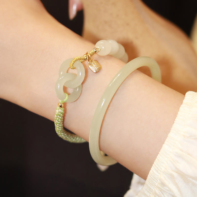 EverestArtstudios Natural Hetian Jade Bead Double Peace Buckle Fu Character Abundance Braided Bracelet