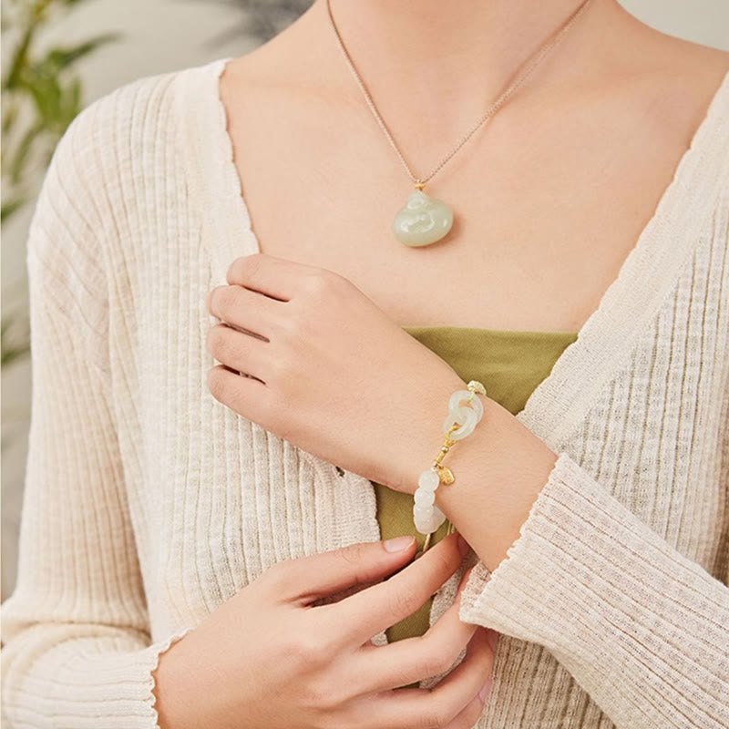 EverestArtstudios Natural Hetian Jade Bead Double Peace Buckle Fu Character Abundance Braided Bracelet
