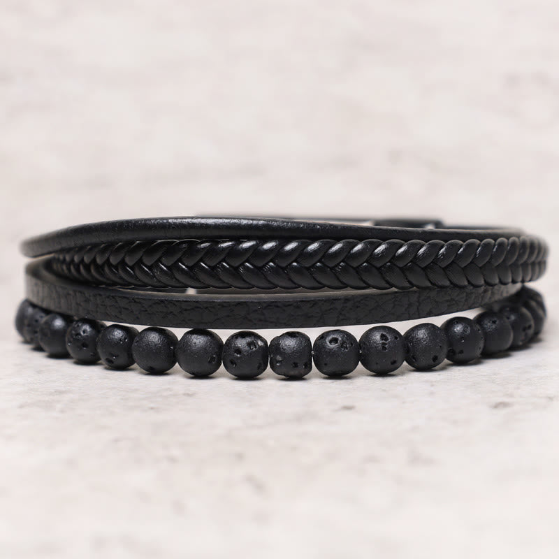 EverestArtStudios Genuine Volcanic Rock Black Agate Stone Wrapped Leather Bracelet