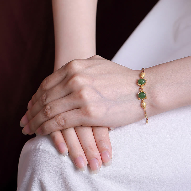 EverestArtstudios 925 Sterling Silver Natural Hetian White Jade Cyan Jade Lovely Fox Luck Bracelet