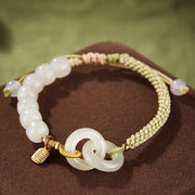 EverestArtstudios Natural Hetian Jade Bead Double Peace Buckle Fu Character Abundance Braided Bracelet
