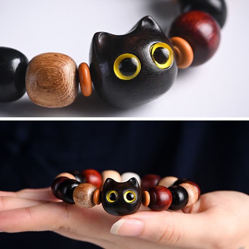 EverestArtStudios Petite Leaf Red Sandalwood Ebony Wood Adorable Feline Carved Safeguard Wristband