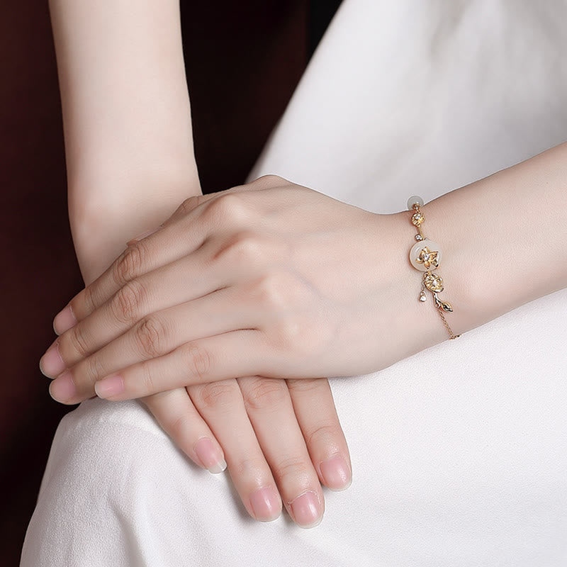 EverestArtstudios 925 Sterling Silver Hetian Jade Peace Buckle Lotus Luck Chain Bracelet