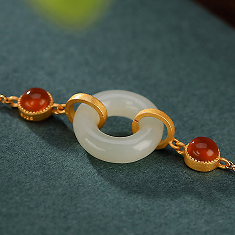 EverestArtstudios 925 Sterling Silver Plated Gold Natural Hetian Jade Peace Buckle Red Agate Luck Bracelet