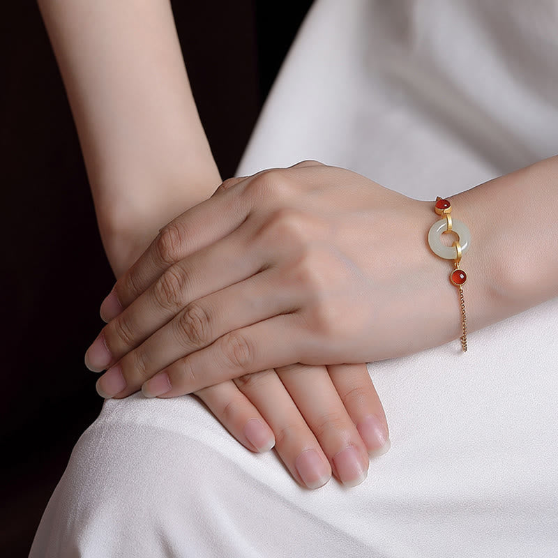 EverestArtstudios 925 Sterling Silver Plated Gold Natural Hetian Jade Peace Buckle Red Agate Luck Bracelet