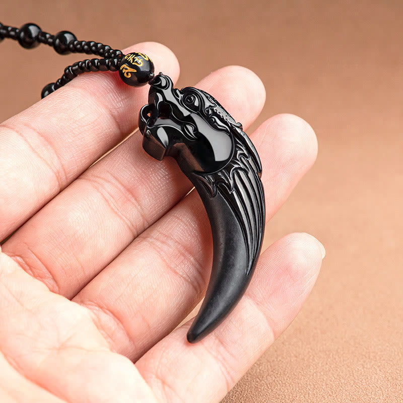 EverestArtstudios Natural Black Jade Chinese Zodiac Dragon Tooth Pattern Protection Necklace Pendant