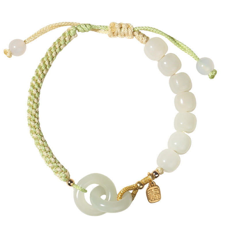 EverestArtstudios Natural Hetian Jade Bead Double Peace Buckle Fu Character Abundance Braided Bracelet