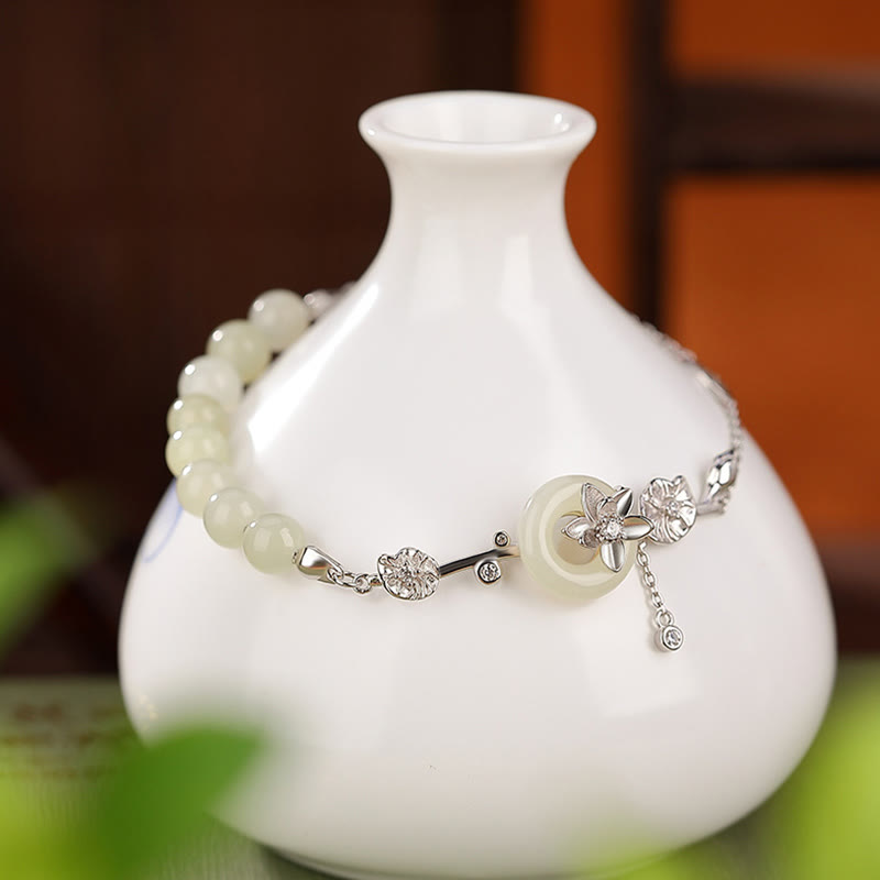 EverestArtstudios 925 Sterling Silver Hetian Jade Peace Buckle Lotus Luck Chain Bracelet