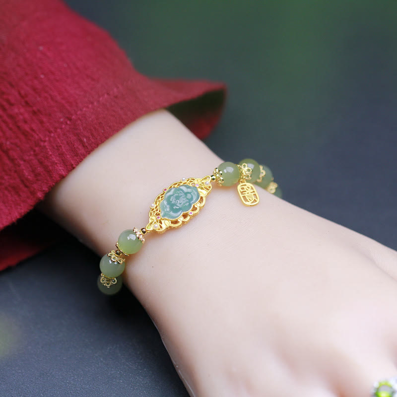 EverestArtstudios 925 Sterling Silver Plated 14K Gold Hetian Jade Lotus Luck Bracelet