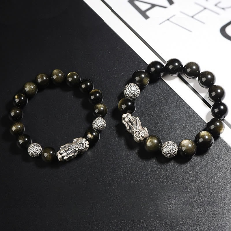 EverestArtstudios 925 Sterling Silver Natural Gold Sheen Obsidian PiXiu Wealth Protection Bracelet