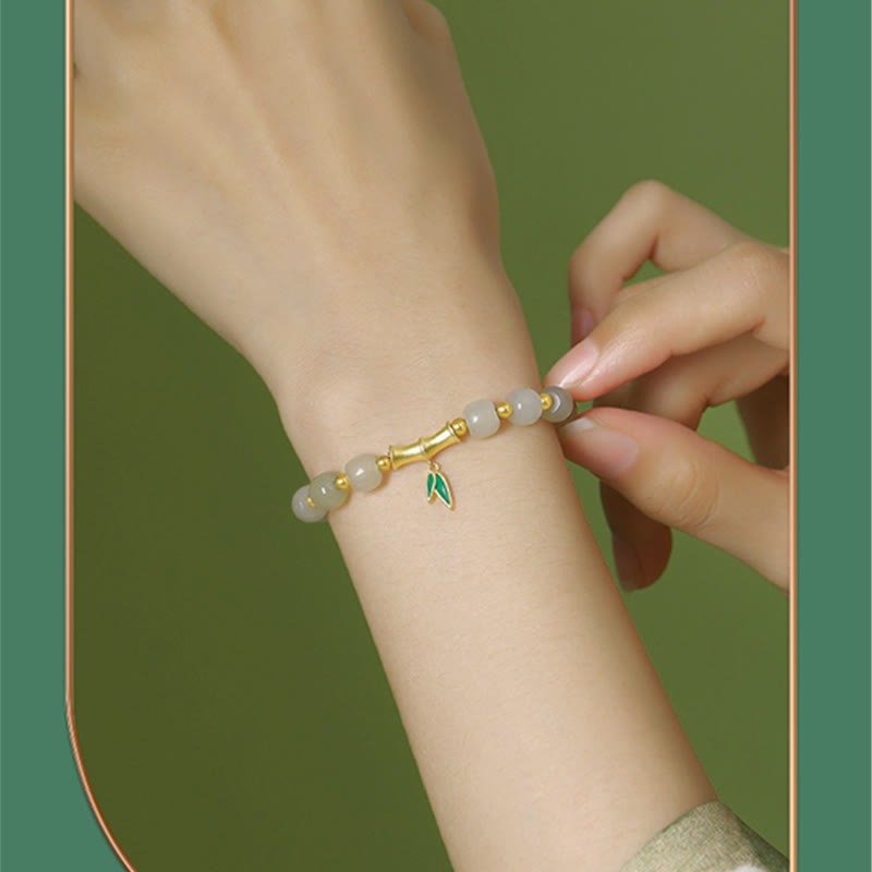 EverestArtstudios 925 Sterling Silver Hetian White Jade Bamboo Luck Bracelet