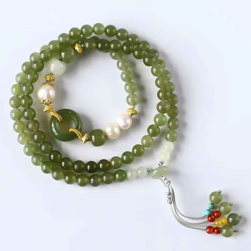 EverestArtstudios Hetian Jade Pearl Peace Buckle Luck Wealth String Bracelet