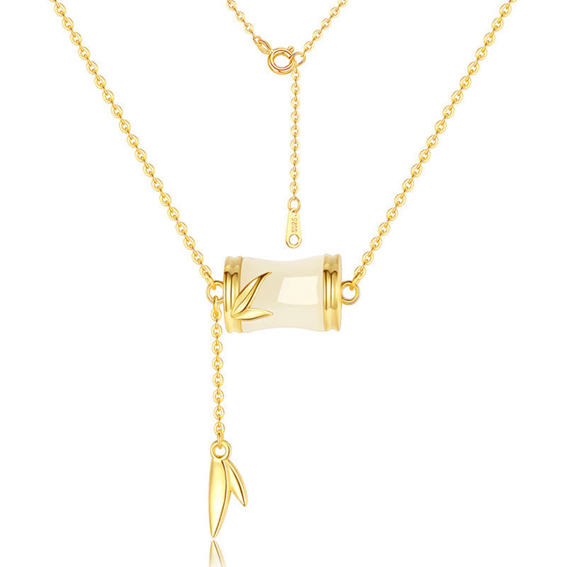 EverestArtstudios 925 Sterling Silver 22K Gold Hetian White Jade Bamboo Leaf Luck Necklace Pendant Bracelet
