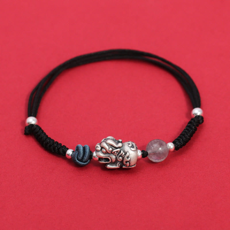 EverestArtstudios 999 Sterling Silver PiXiu Strawberry Quartz Bead Wealth Luck Braided Bracelet