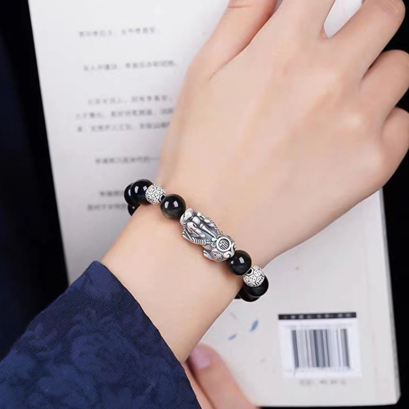 EverestArtstudios 925 Sterling Silver Natural Gold Sheen Obsidian PiXiu Wealth Protection Bracelet