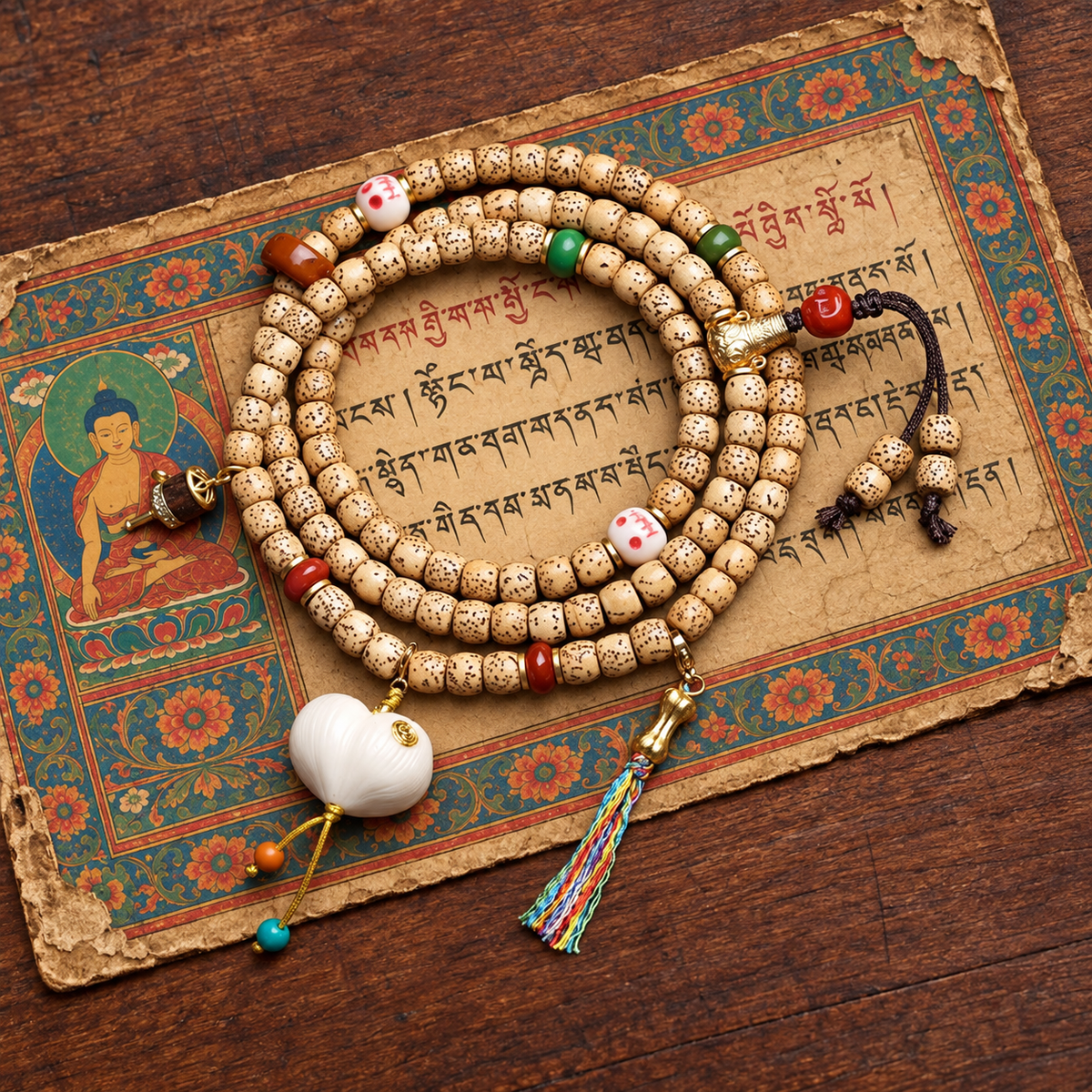EverestArtstudios Xingyue Bodhi 108-Bead Mala in Six Decorative Styles — styled on wood with a scripture display prop