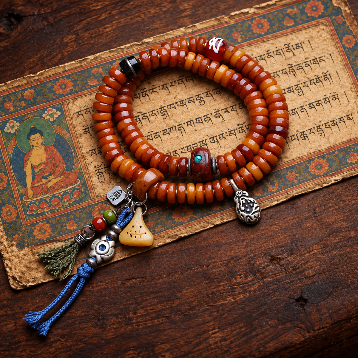 EverestArtstudios Yak Bone Mala with Phoenix Eye Bodhi, Agate and Coconut Accents — styled on wood with a scripture display prop