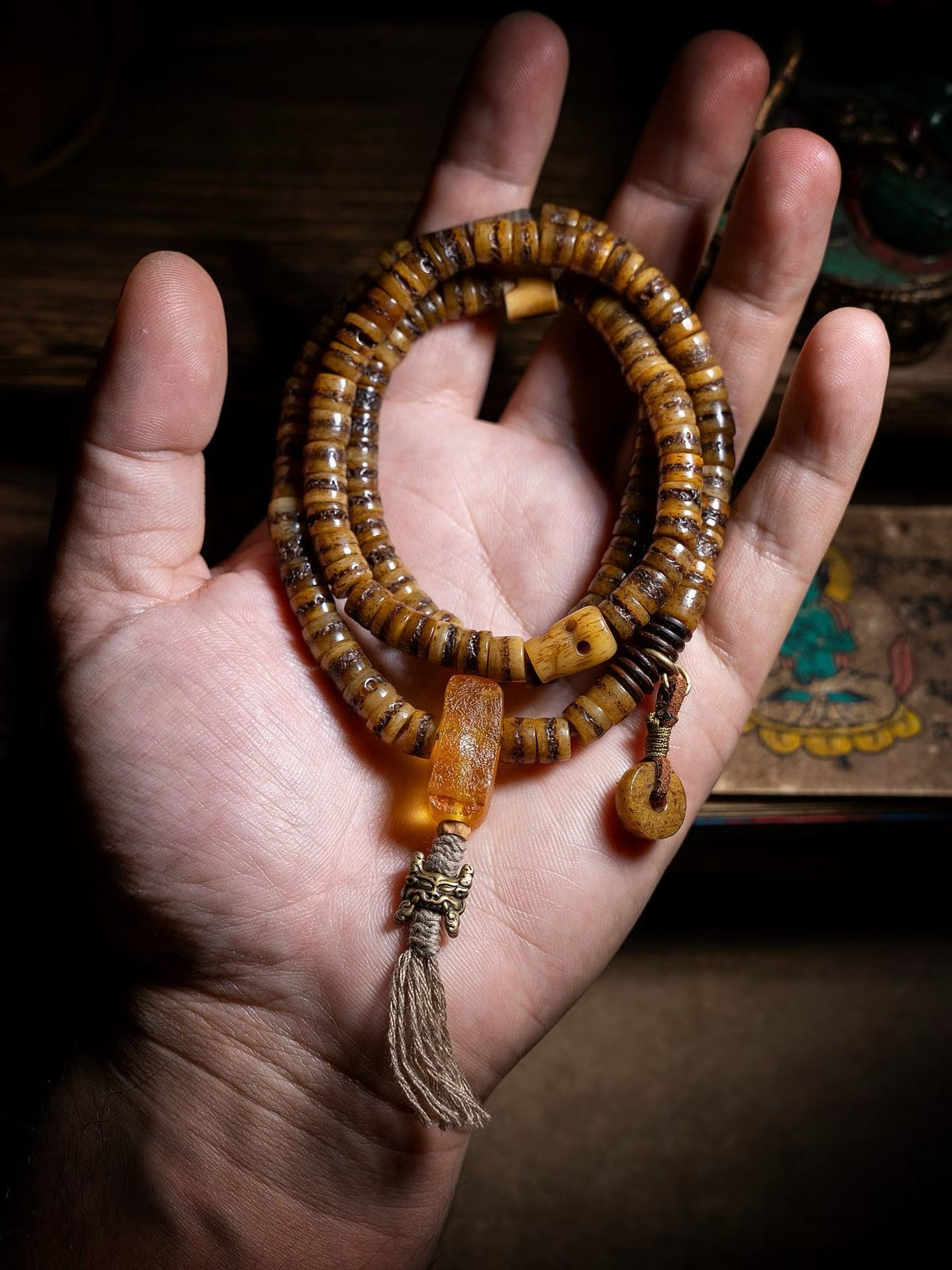 EverestArtstudios blessed Everest Tibetan Style 108 Bead Mala Necklace, Deer Antler & Coconut Shell Prayer Beads, Meditation Mala, Himalayan Inspired Spiritual Jewelry