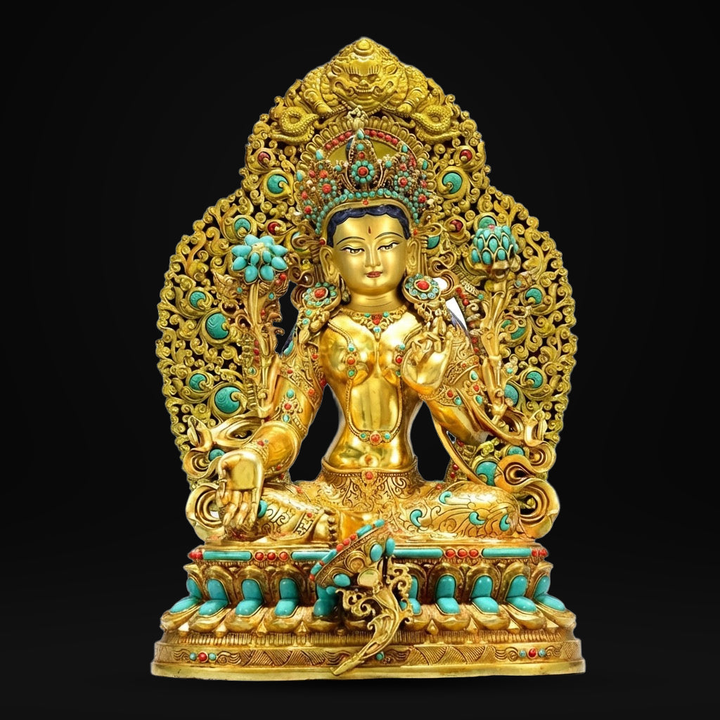 Full Gilded Green Tara Statue | Copper Buddhist Deity with Gem Inlay
