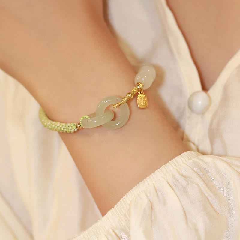 EverestArtstudios Natural Hetian Jade Bead Double Peace Buckle Fu Character Abundance Braided Bracelet