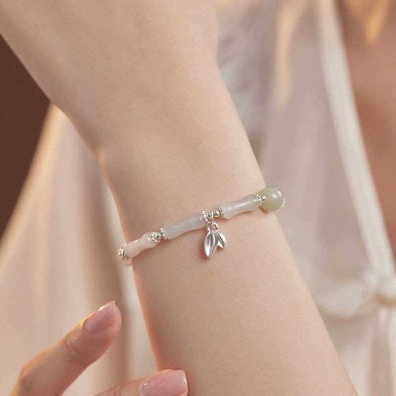 EverestArtstudios 925 Sterling Silver Natural Tianshan Jade Bamboo Charm Luck Bracelet