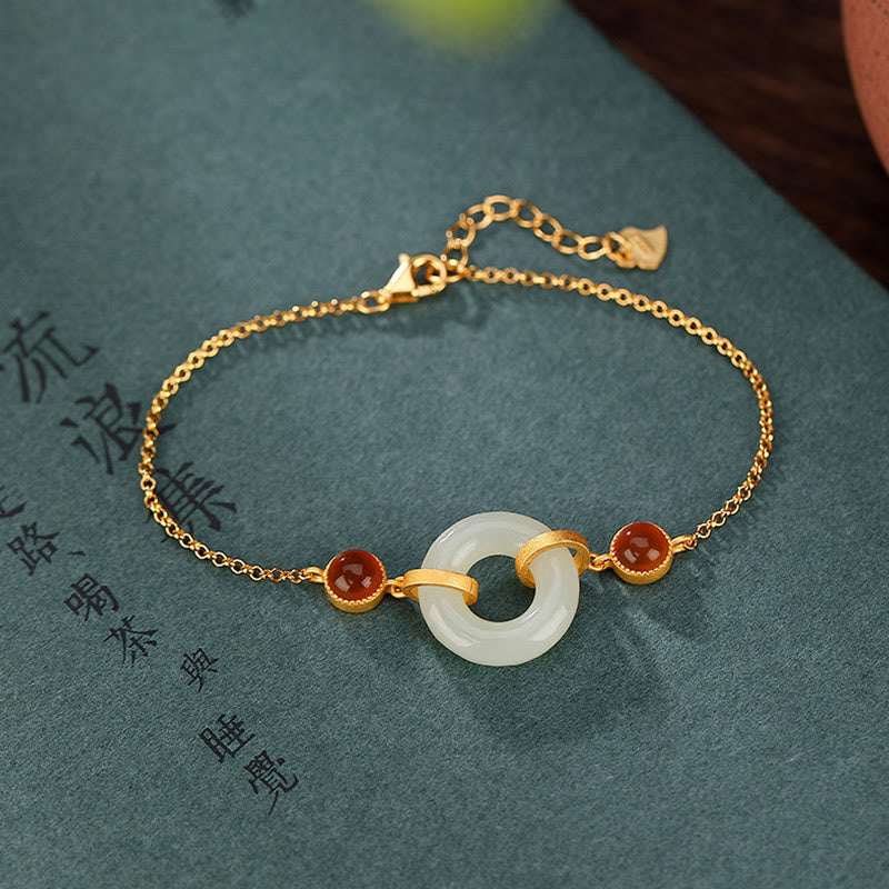 EverestArtstudios 925 Sterling Silver Plated Gold Natural Hetian Jade Peace Buckle Red Agate Luck Bracelet