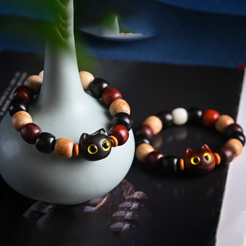 EverestArtStudios Petite Leaf Red Sandalwood Ebony Wood Adorable Feline Carved Safeguard Wristband
