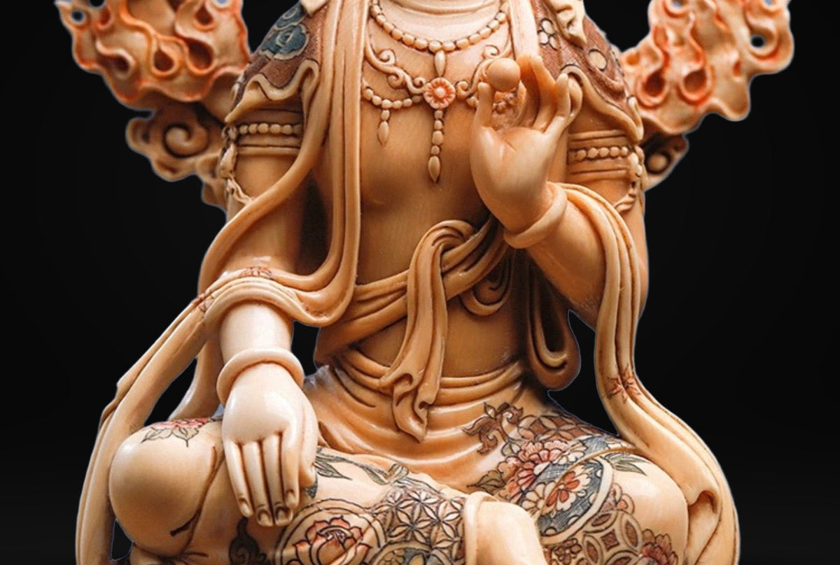 EverestArtStudios Natural Reclaimed Mammoth Ivory Water Moon Guanyin Avalokiteshvara Statue, Hand Carved Bodhisattva Sculpture, Buddhist Altar Decor, Collectible Art