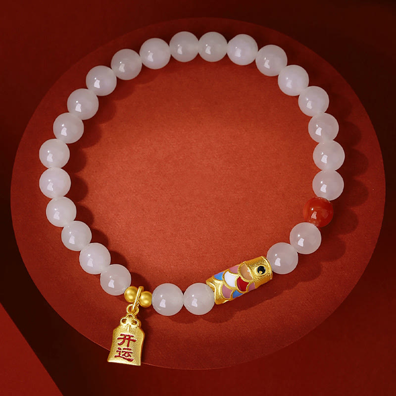 EverestArtstudios 925 Sterling Silver Hetian White Jade Red Agate Koi Fish Luck Happiness Bracelet