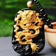 EverestArtstudios 18k Gold-plated Dragon Obsidian Lucky Pendant Necklace