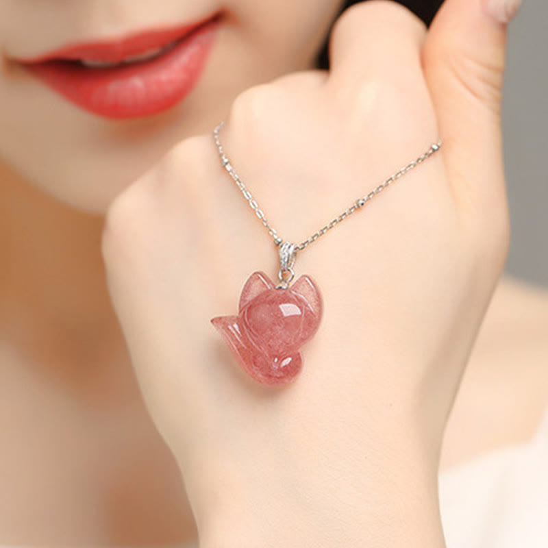 EverestArtstudios 925 純銀鍍 14K 金草莓晶狐狸療癒項鍊墜飾