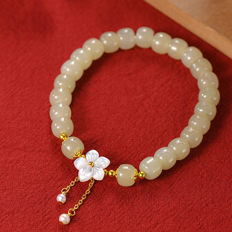 EverestArtstudios 925 Sterling Silver Natural Hetian Jade Luck Flower Bracelet