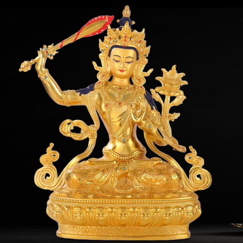文殊菩萨与普贤菩萨黄铜佛像 – 全鎏金藏传佛教神像，高度 16厘米 / 21厘米 / 33厘米 (6.3英寸 / 8.3英寸 / 13英寸)