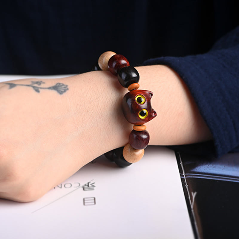 EverestArtStudios Petite Leaf Red Sandalwood Ebony Wood Adorable Feline Carved Safeguard Wristband