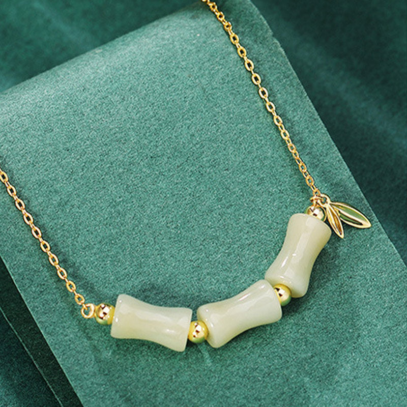 EverestArtstudios 925 Sterling Silver Hetian Jade Bamboo Fu Character Prosperity Necklace Pendant Bracelet