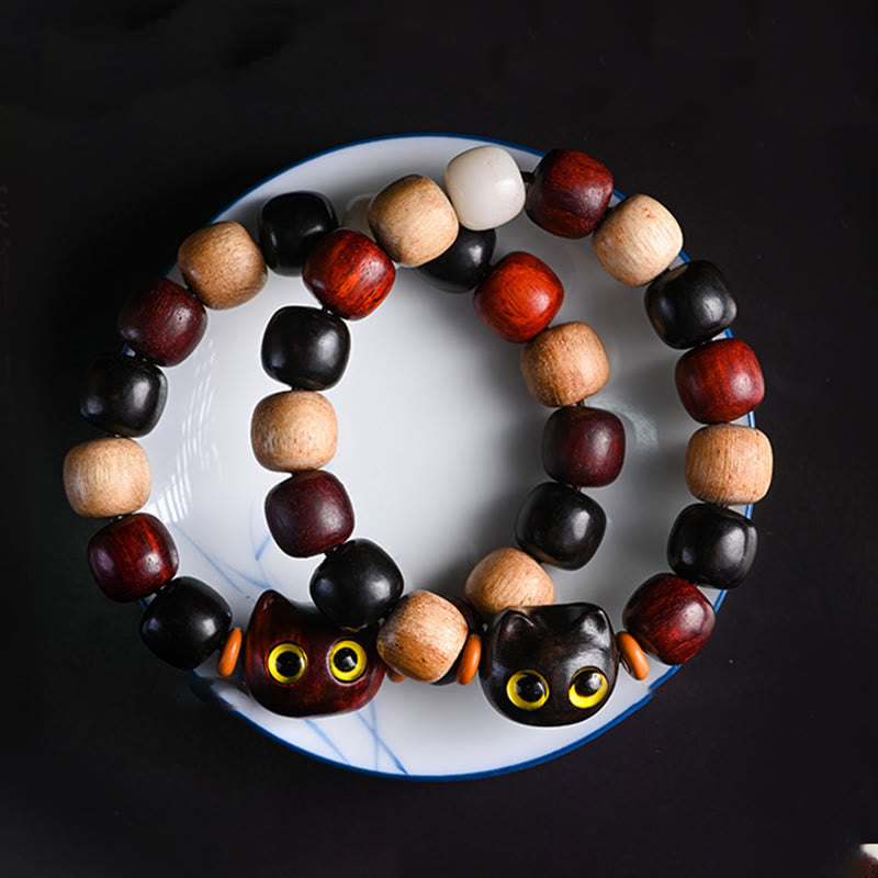 EverestArtStudios Petite Leaf Red Sandalwood Ebony Wood Adorable Feline Carved Safeguard Wristband